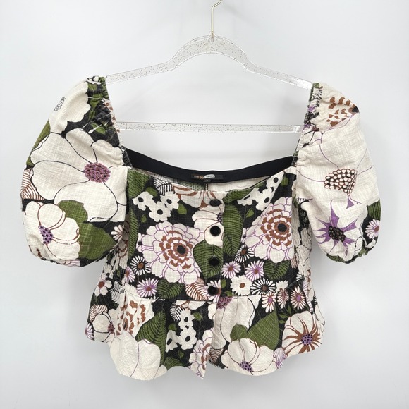 Maje Tops - Maje Floral Top Puff Sleeve Sz L Boho Milkmaid Fairy Cottage Loflower Peplum